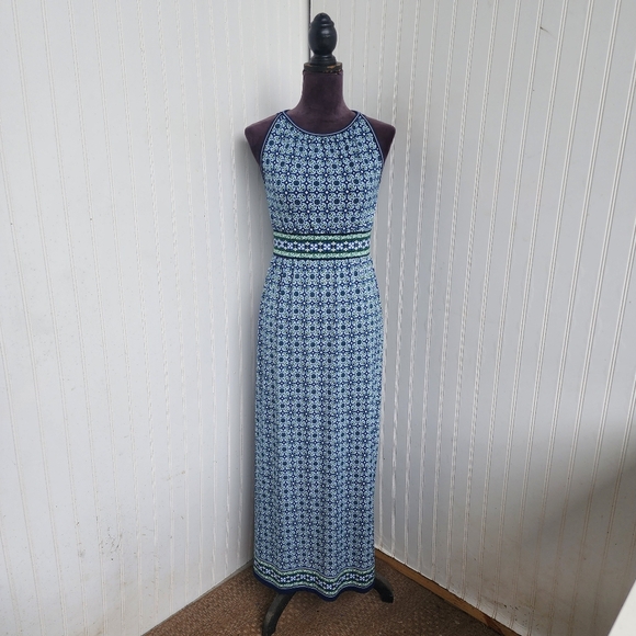 Max Studio Maxi Dress Sleeveless Blue Green Tile Print Womens Stretch Sz S - Picture 1 of 15